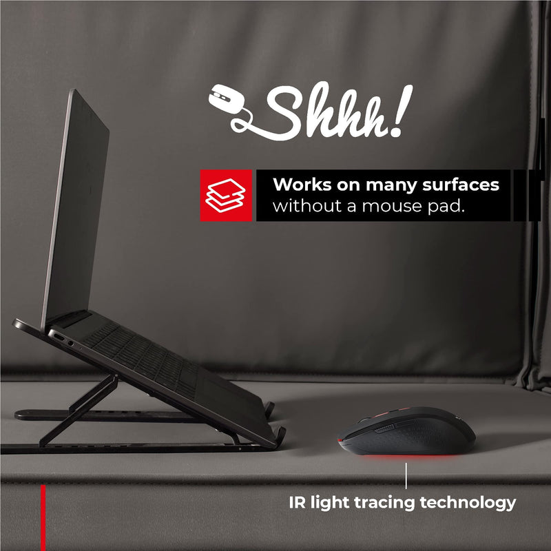 ShhhMouse Silent Wireless Mouse for Laptop - Optical Cordless Computer Mice with USB – Quiet Click, 3 DPI Levels of Sensitivity, Side Buttons - Portable for PC, Chromebook [Black & Red] Black & Red