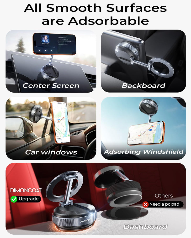 DIMONCOAT【Upgraded Vacuum Magnetic Phone Holders for Your Car for Magsafe | 【119+LBS Strongest Suction】360° Adjustable Car Phone Holder Mount for iPhone 17 Pro Max Samsung Galaxy S26 BLACK GREY - 6X STABLE