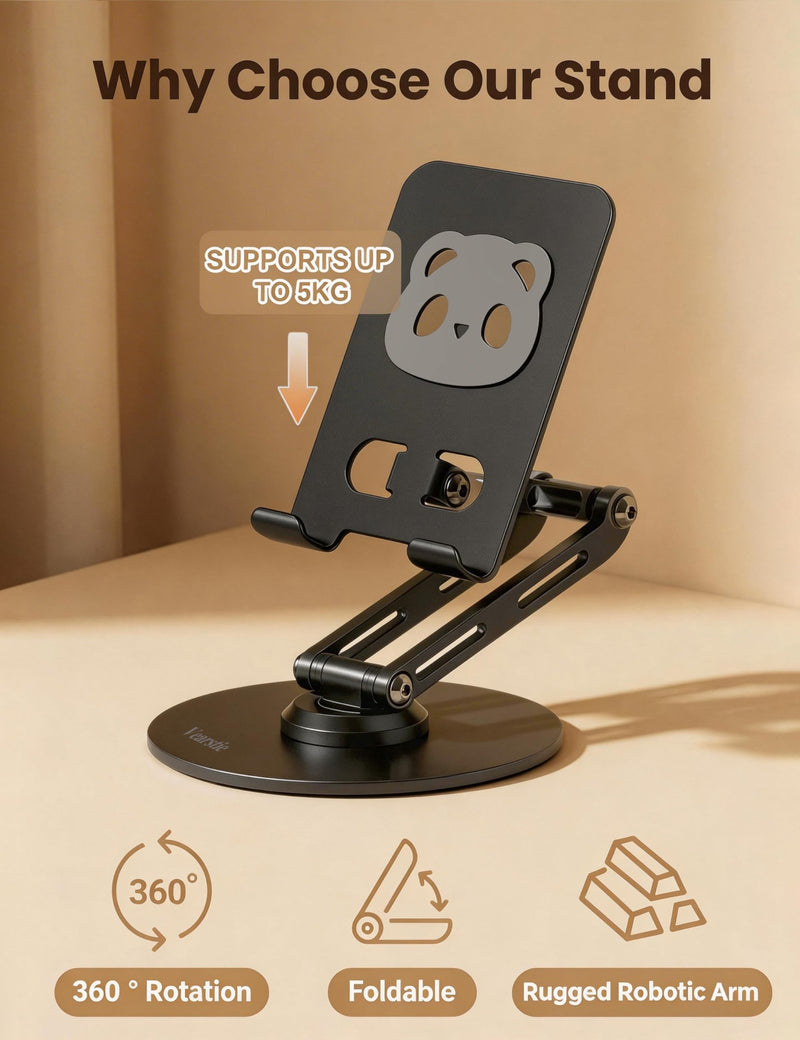 All-Metal 360° Rotating Desk Phone Stand for 4-8" Phones & Tablets | Dual-pole adjustable design, carbon steel base, anti-slip silicone pads, case-friendly, scratch resistant, heat dissipation black