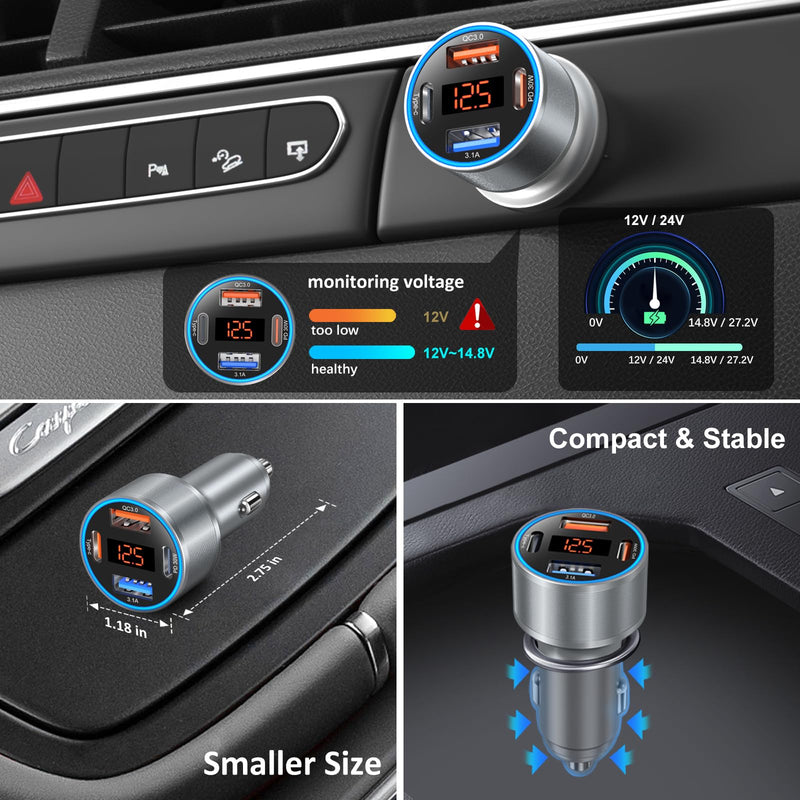 Car Charger 5 Pack, 65W 12V USB Multi Port QC/PD 3.0 Fast Charge Cigarette Lighter Adapter Dual USB-C & USB-A Cargador Carro Car Phone Charger Plug for iPhone 17 16 15 14 13 Galaxy Android(Gray) Gray