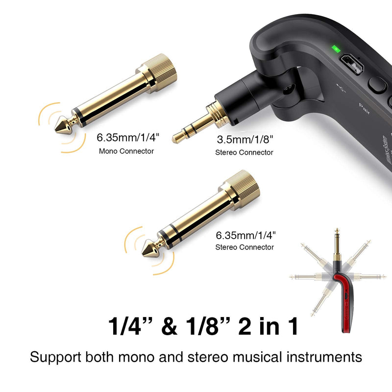 [AUSTRALIA] - LEKATO Wireless Guitar System 2.4GHz Rechargeable Audio Wireless Transmitter Receiver 6 Channels for Guitar Bass Electric Instruments, Stereo and Mono 1/4” & 1/8” 2 in 1 Plugs,Black(WS-60) black 