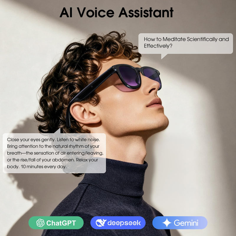 AI Smart Glasses with Camera, 4K Video Recording Camera Glasses for Travel | AI Sunglasses for Women Men, Life Vlog Work, Real-Time Translation, Voice Assistant, Hands-Free Calls, Open-Ear Audio, 3 Lens Lacquer Black
