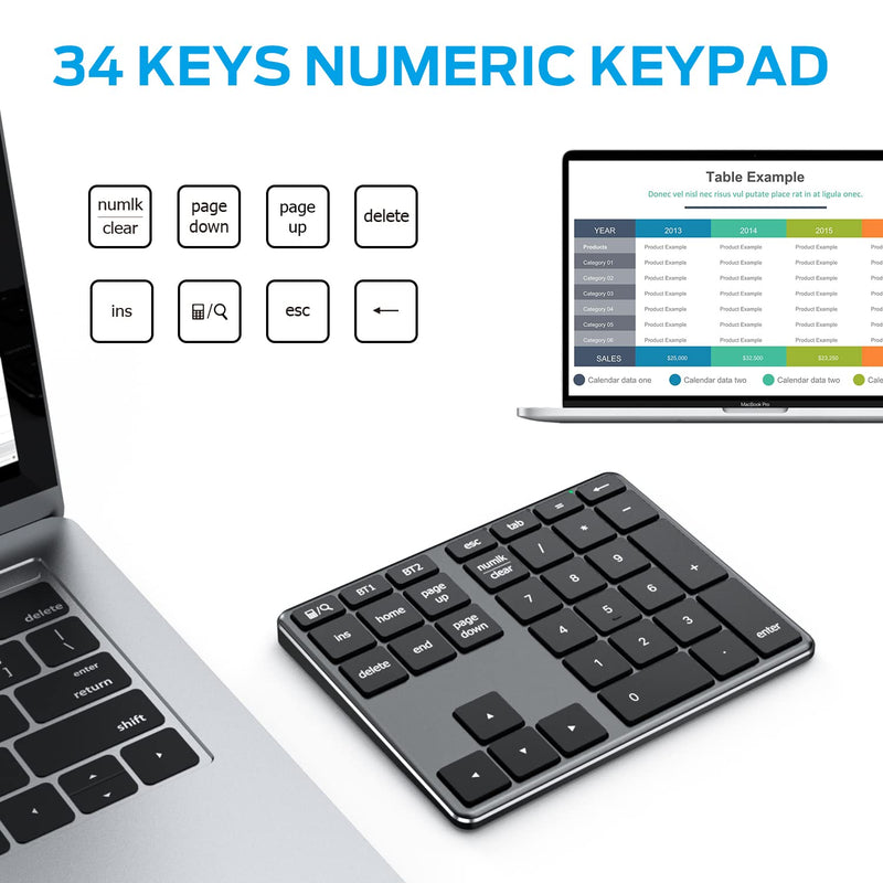 [AUSTRALIA] - iClever Number Pad, Aluminum Wireless Number Pad for Multi Devices, USB-C Rechargeable, External 34-Keys Bluetooth Keyboard for Data Entry, Compatible for Laptop, Mac, iMac, Tablet, PC Desktop Black 