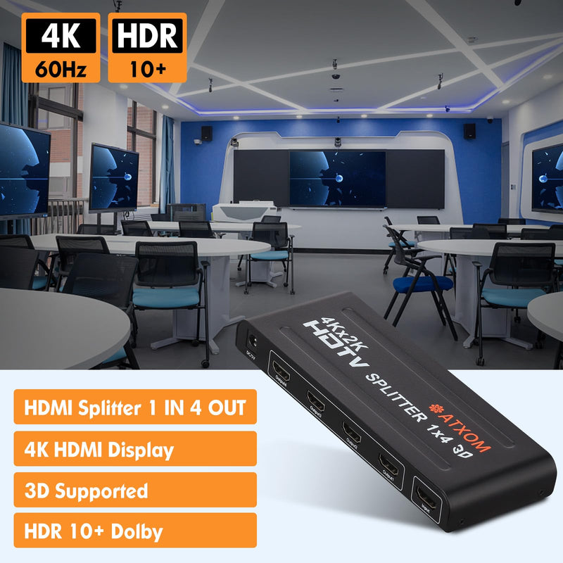 [AUSTRALIA] - HDMI Splitter 1 in 4 Out - 1x4 HDMI Display Duplicate/Mirror - Powered Splitter Full HD 1080P, 4K - One Source to Four Identical Displays 