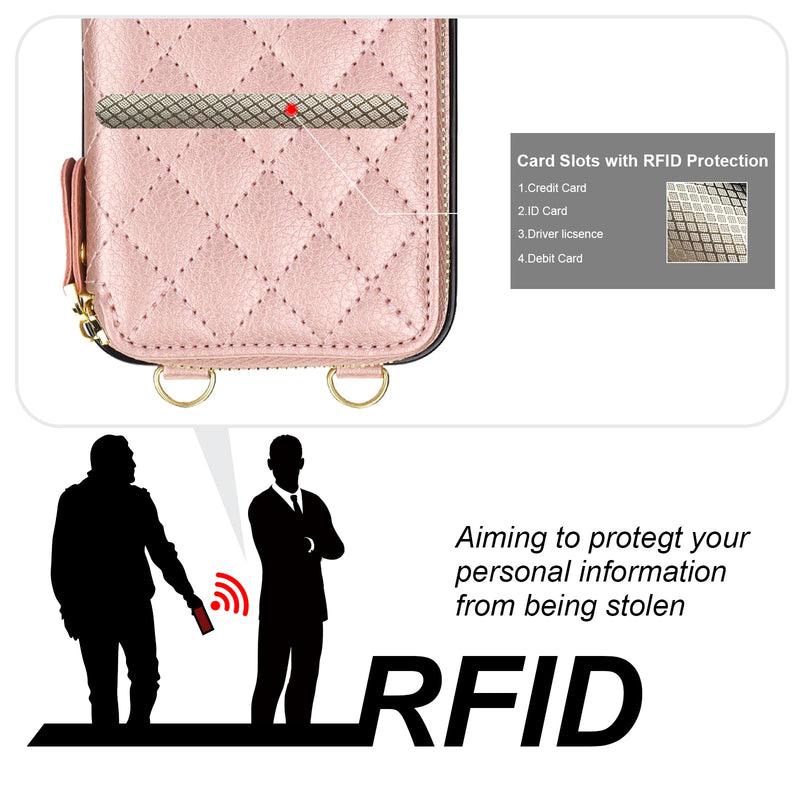 Bocasal Crossbody Wallet Case for iPhone 15 Pro Max, RFID Blocking PU Leather Zipper Handbag Purse Flip Cover, Kickstand Folio Case with Card Slots Holder Wrist Strap Lanyard 5G 6.7 Inch (Rose Gold) Rose Gold