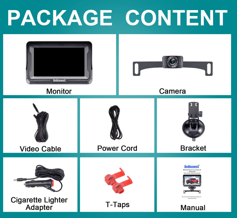 [AUSTRALIA] - DoHonest Backup Camera and Monitor Kit HD 720P Easy Installation for Car/Suv/Pickup/Truck/Van/RV/Trailer Single Power Rear View System Driving/Reversing Use IP68 Waterproof Night Vision 