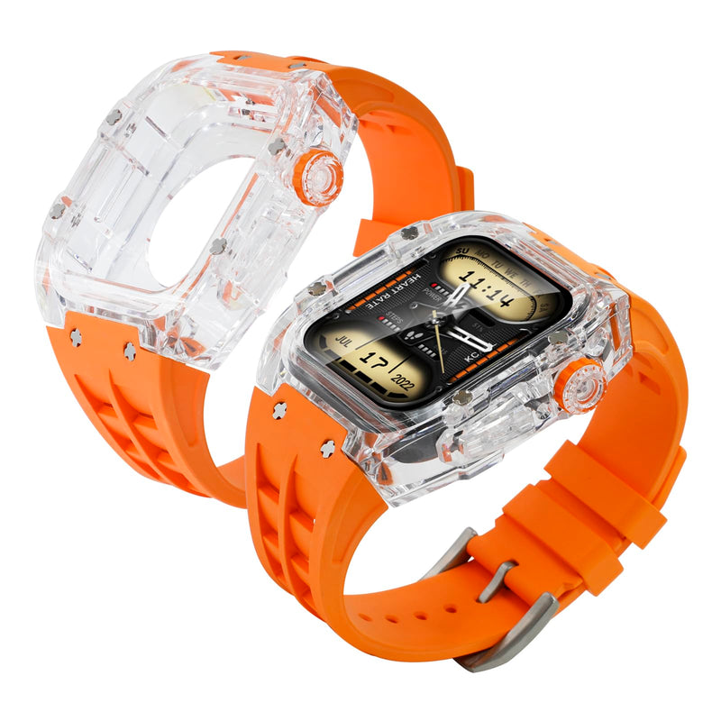 Luxury Transparent Case with Fluororubber Band for Apple Watch 45mm, Crystal Clear Full Protection for iWatch Series 9/8/7 TRN+Orange Pin