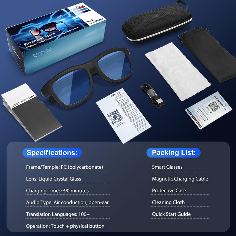 Smart Bluetooth Audio Glasses with Active Electrochromic Dimming, Hands-Free Calls & Music, AI Assistant & Productivity, Wearable Tech Glasses for Business/Travel/Sports, Ideal Gifts for Men Women