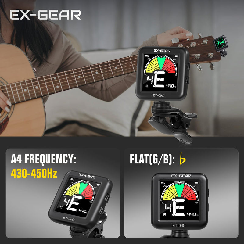 [AUSTRALIA] - EX-GEAR Professional Guitar Tuner Clip On, Quick & Accurate Tuning with Large LCD Screen, 360° Rotatable Rechargeable Acoustic Guitar Electric Guitar Bass Ukulele & Chromatic Tuner 