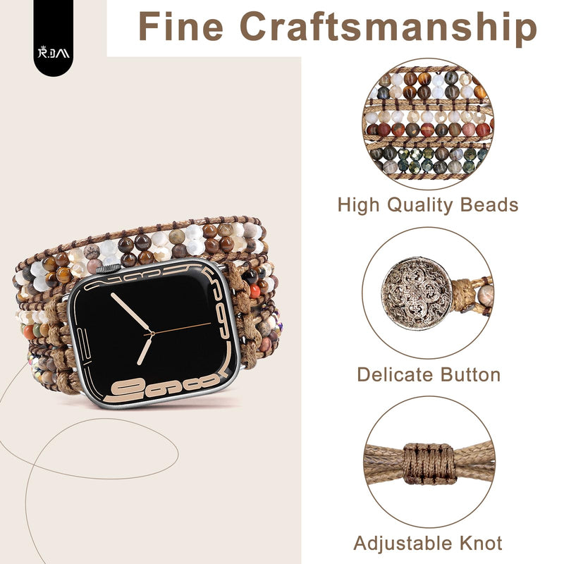 JR.DM Boho Beaded Watch Band Silver Stainless Steel Bracelet Strap Bundle Compatible with Apple Watch 38mm 40mm 41mm 42mm 44mm 46mm 45mm 49mm Women for iWatch Series 11/10/9/8/7/6/5/4/3/2/1/SE/Ultra