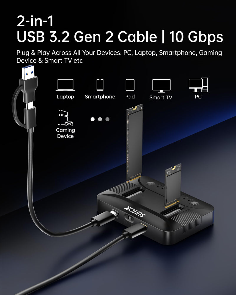 Dual-Bay M.2 SSD Cloner Dock for PC Storage Upgrade Tool-Free 16TB | Offline Duplicator M2 Reader Adapter NVMe SATA Copier Enclosure 10Gbps USB-C Supports 2230-22110 RGB Light System Migration