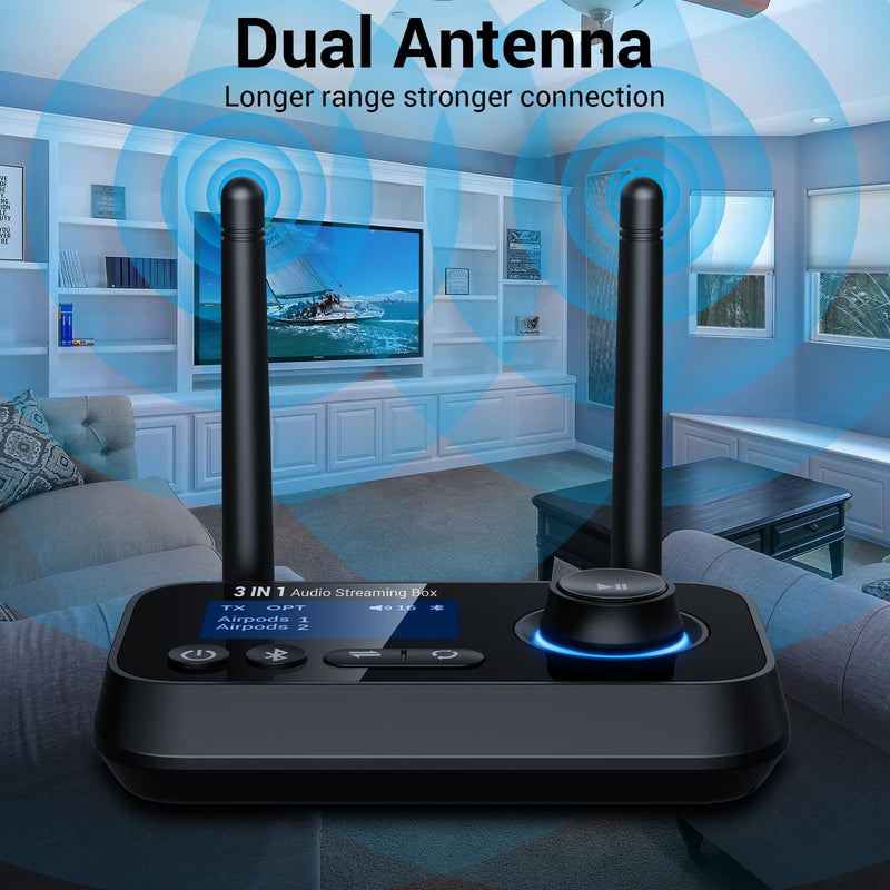 [AUSTRALIA] - Bluetooth 5.3 Transmitter for TV Audio w. Screen Display Dual Antenna Low Latency Bluetooth Adapter Support Up to 2 BT Headphones Long Range Bluetooth Extender 3.5mm AUX/RCA/Opt Input/Output Black 