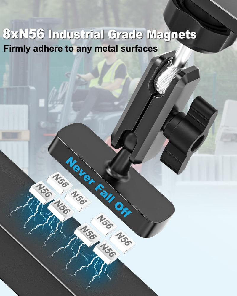Forklift Phone Mount, [Never Fall off Industrial N56 Magnet] Aluminum Magnetic Forklift Truck Phone Holder, 360° Adjustable Arm Operator Cab Frame Cellphone Stand for iPhone, Galaxy, 4-7" Phone