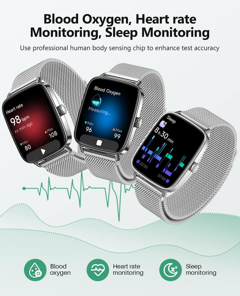 SOUYIE Smart Watches for Women Men, 1.85" AI Voice Smartwatch, 24/7 Heart Rate Monitor, Stress/SpO2/Sleep Tracker, IP68 Waterproof, Weather, 100+ Sports Fitness Tracker for Android iOS Silver Metal