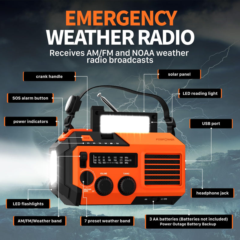 FosPower Emergency Weather Radio (Model A6) NOAA/AM/FM with 19240mWh Portable Power Bank, USB/Solar/Hand Crank Charging, Battery Operated, SOS Alarm & Flashlight for Indoor/Outdoor Emergency - Orange