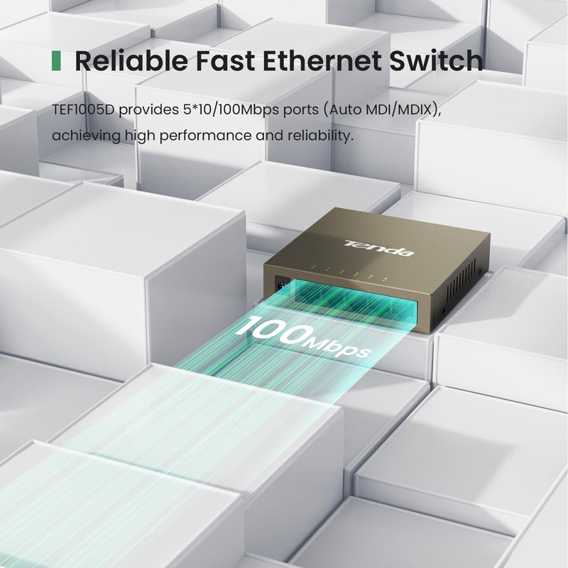 Tenda 5 Port Fast Ethernet Switch | Ethernet Splitter | 5 x 10/100Mbps Ports | Unmanaged Network Switch | Plug & Play | Desktop/Wall-Mount | Fanless Quiet Network Hub | Sturdy Metal Case | Mini Size 1 Count (Pack of 1)