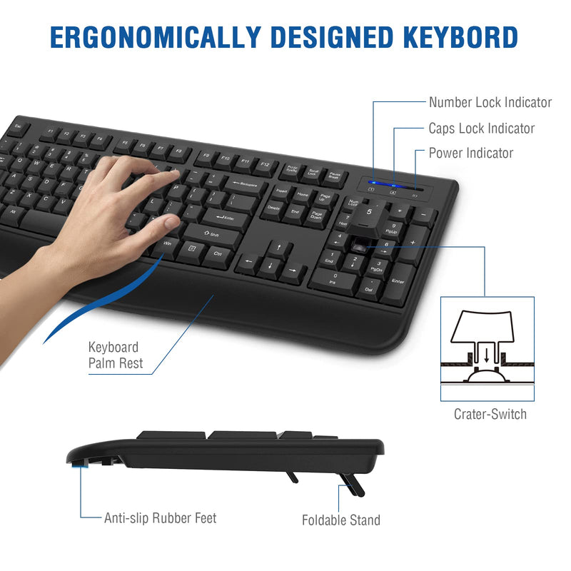 Wireless Keyboard, EDJO 2.4G Ergonomic Full Size Wireless Computer Keyboard with Wrist Rest for Windows, Mac OS Desktop/Laptop/PC（Black） black