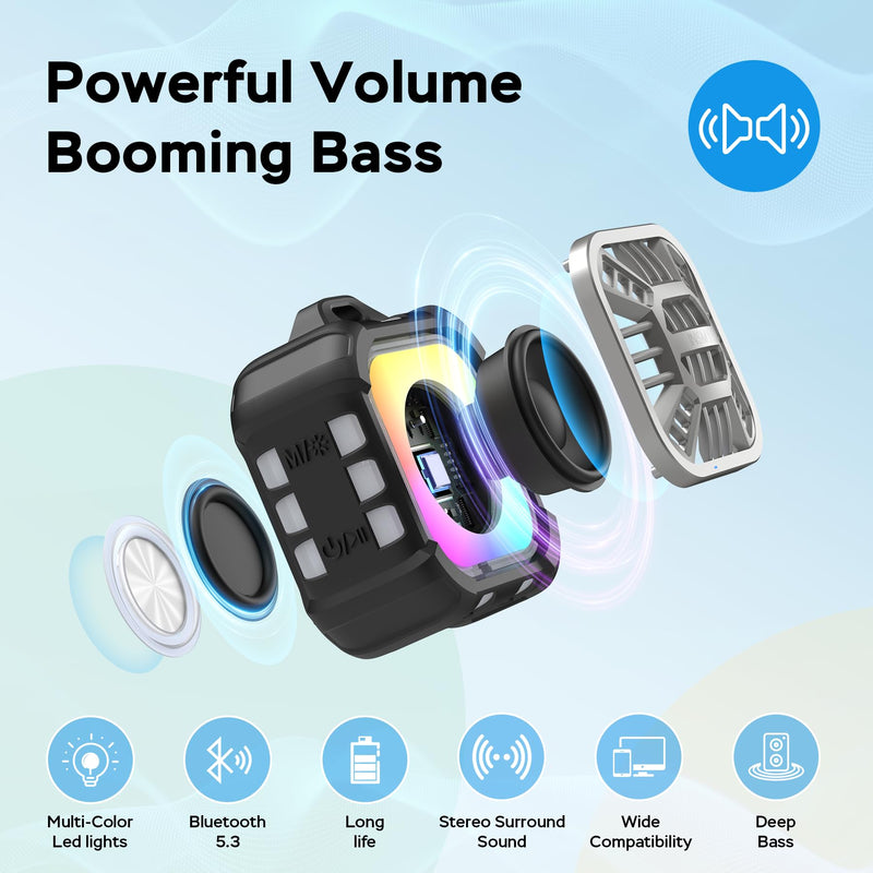 [AUSTRALIA] - INSMY IP67 Waterproof Bluetooth Speaker, Shower Speaker Portable Small Clip-on, Multi Sync 100+ Speakers, Big Volume Booming Bass, 24H Playtime/Floatable/RGB Lights for Outdoor/Kayak/Beach (Black) Black 