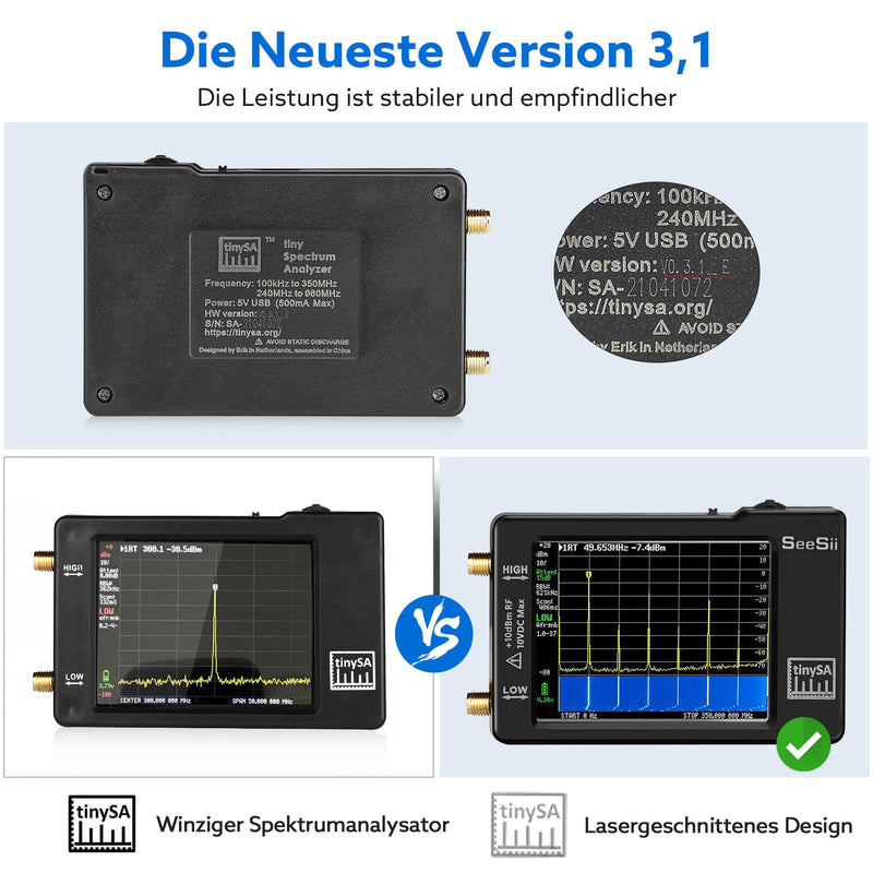 Seesii TinySA Spectrum Analyzer - 2.8 Inch Spectrum Analyzer 100 kHz - 960 MHz Input MF HF VHF UHF, Signal Generator Frequency Analyzer with Touchscreen with ESD Protected