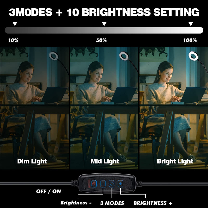 LED Desk Lamp with Clamp for Video Conference Lighting, USB Light for Laptop Zoom Meeting, Clip on LED Ring Light for Computer Webcam Lighting Dimmable Black