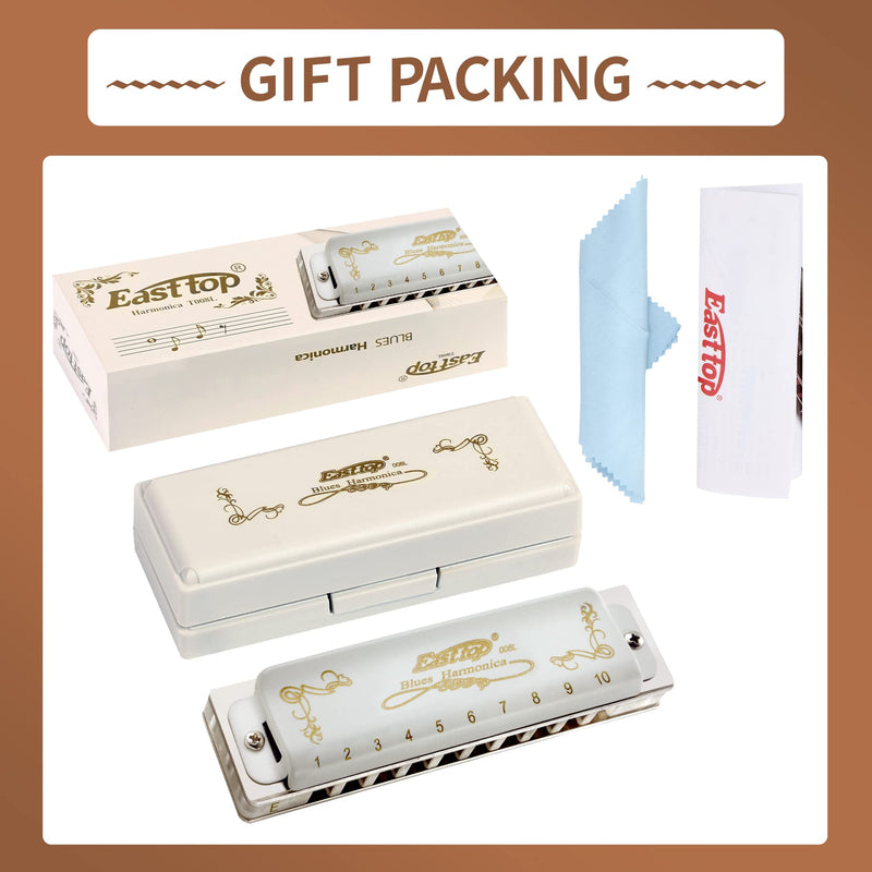 East top Blues Harmonica, 10 Holes 20 Tones Diatonic Blues Mouth Organ Harmonica Key of E with White Cover, T008L Harmonica for Adults, Professionals and Students