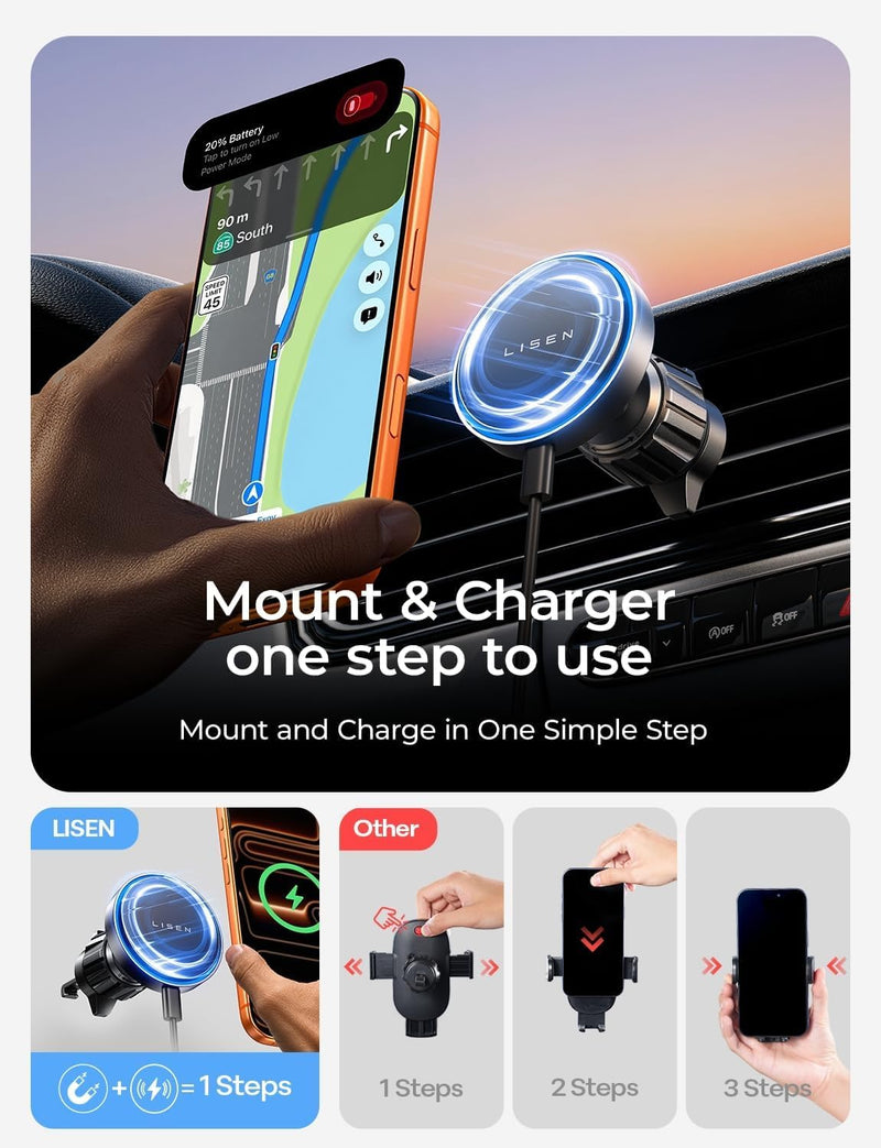 LISEN 15W MagSafe Car Mount Charger,[Light Pink] Magnetic Wireless Car Charger, Dashboard & Air Vent Car Phone Mounts, Car Phone Holder for iPhone 17-12, Samsung, Pixel, Cute Car Accessories for Women | [Light Pink & Purple LED light] Magsafe Car Mount...