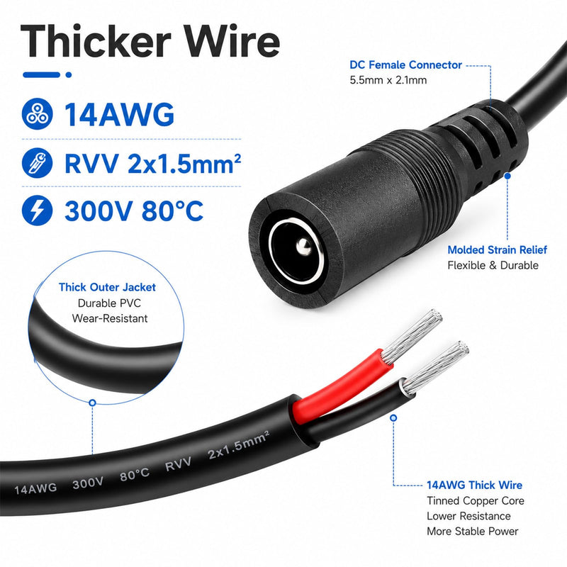 4Pcs 1FT 14AWG 15A 12V DC Power Pigtail Cable, 5.5mm x 2.1mm Male Barrel Plug to Bare Wire Open End Repair Cable for CCTV Security Camera DVR LED Strip Light