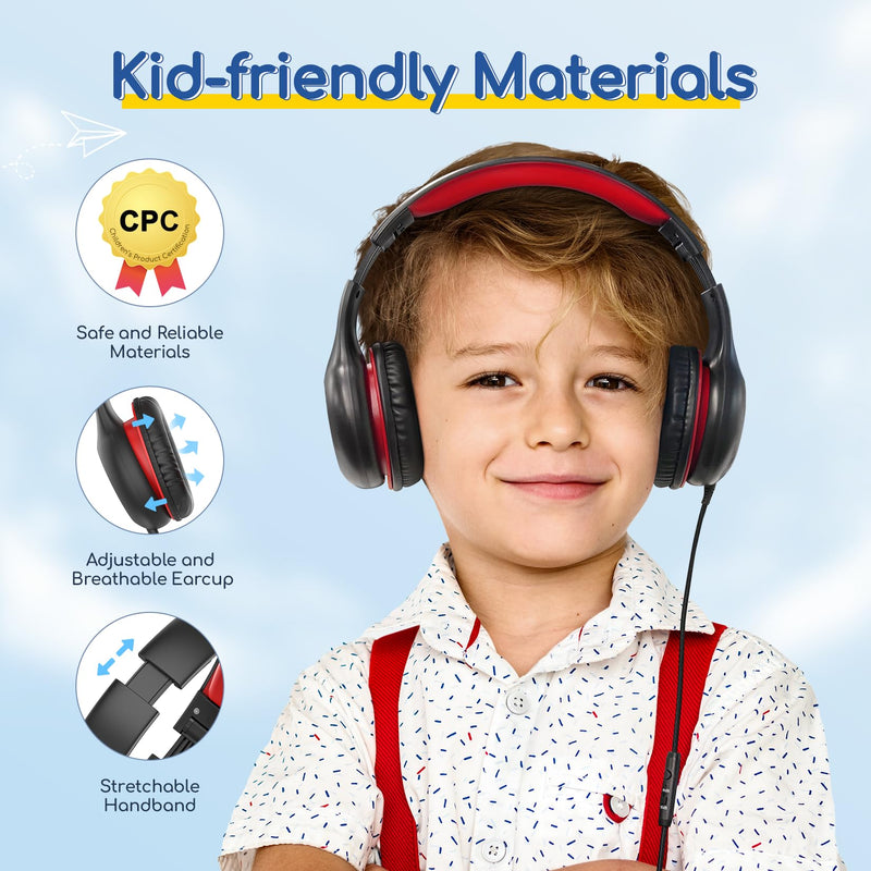 [AUSTRALIA] - EarFun Kids Headphones Wired with Microphone, 85/94dB Volume Limit Portable Headphones for Kids with Shareport, Stereo Sound Foldable Headset for School/Tablet/iPad/Kindle, Black Red Plug 3.5mm 