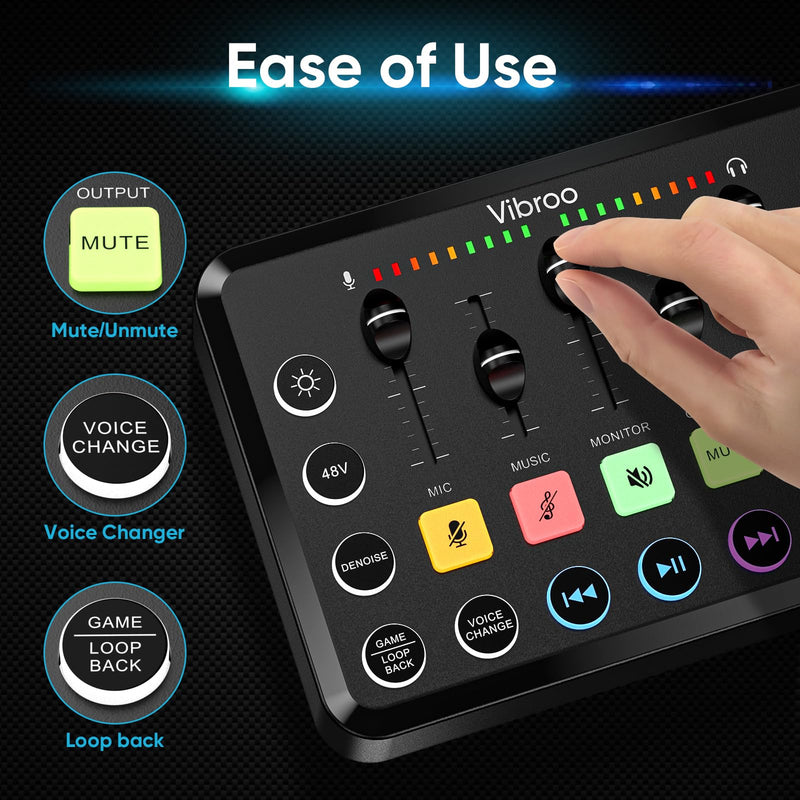 Gaming Audio Mixer, Rechargeable Audio Interface RGB PC Mixer with XLR Microphone Interface, Individual Control, Volume Fader, Mute Button, 48V Phantom Power, for Podcast/Recording