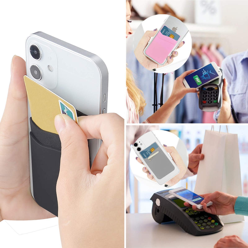 SS Card Holder for Back of Phone, Phone Wallet Stick-on Credit Card Sleeve Pocket Silicone Cell Phone Pouch Compatible for iPhone,Samsung Galaxy and Most SamrtPhones 4 Pack Black+White+Gray+Pink