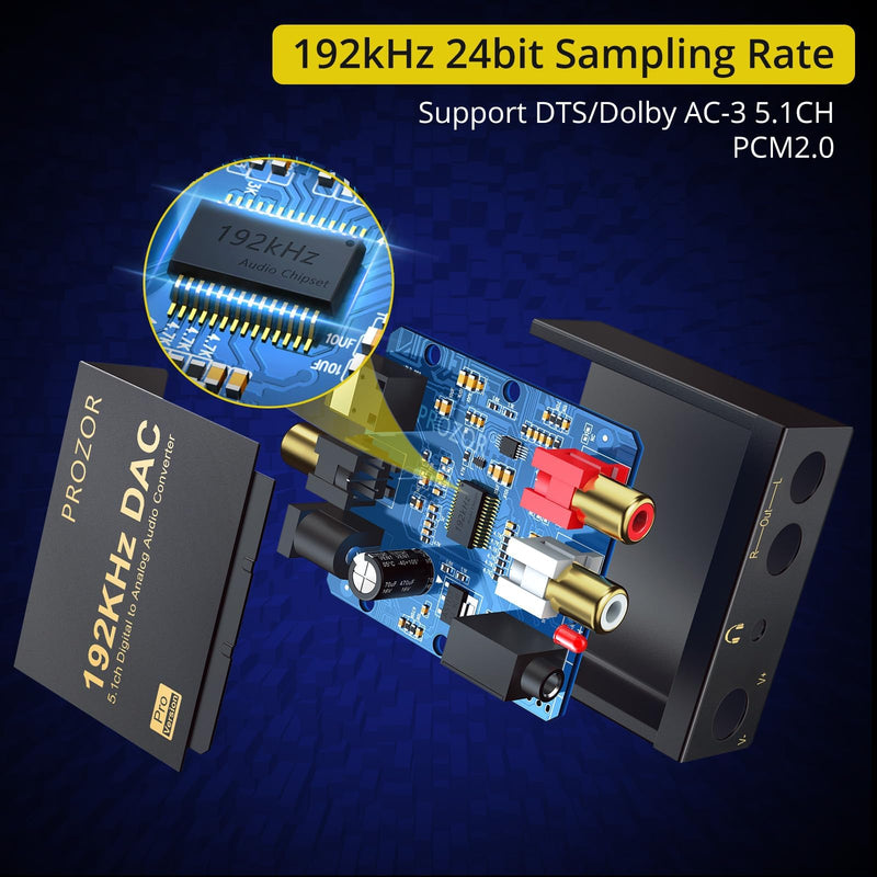 PROZOR 192kHz Digital to Analog Audio Converter Support Dolby AC-3 DTS 5.1CH with Volume Adjustable, Optical to RCA DAC Decoder, Digital DAC Converter SPDIF TOSLINK to Stereo L/R & 3.5mm Jack small DAC Support Dolby AC-3 DTS 5.1CH