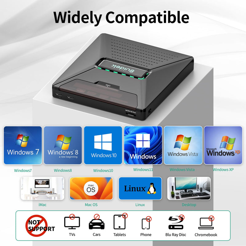 SUIDEK External CD DVD Drive,Optical Disc Reader+/-RW Burner with SATA Slot | Portable CD DVD Driver with 2.5" SATA,SD Card Reader and USB A Type C 2.0 Hub Compatible with Laptop PC Windows Mac OS Linux Matte Black