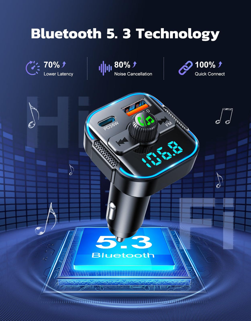 [AUSTRALIA] - RIWUSI Bluetooth 5.3 Car Adapter【PD 36W+QC3.0 18W】, 2-in-1 FM Bluetooth Transmitter 【Dual Stronger Mics】& Fast Car Charger, Wireless FM Radio Adapter Hands-Free Calling, Siri Assistant, Black 