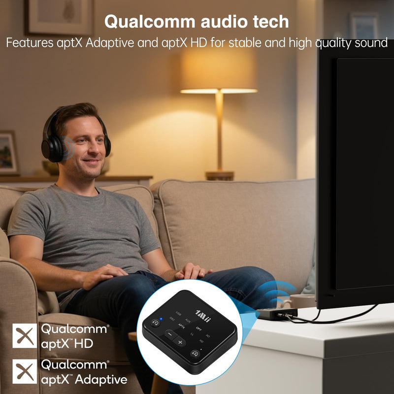 [AUSTRALIA] - [Upgraded] 1Mii Bluetooth 5.3 Transmitter for TV to 2 Wireless Headphones/Speakers, 100ft Long Range Bluetooth Adapter for TV w/Volume Control, Optical/USB/AUX/RCA Audio Inputs, aptX Adaptive & HD 