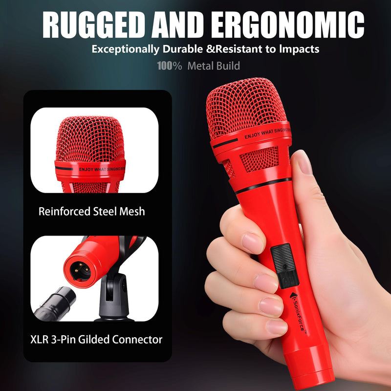 Dynamic Microphone - Professional Vocal Microphone for Singing - Premium Handheld Wired Mic with 16ft XLR to 1/4" Audio Cable - Microfono for Speaker, Mixer, Amplifier & Karaoke Machine Red