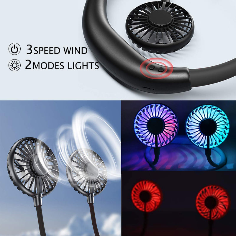 Neck Fan, Rechargeable Battery Operated Portable Fan 2600mAh, Hands Free Personal Fan Hang Around Neck Fans, Wearable Small Fan for Outdoor Working Battery Powered USB Fan Over 12 Hours Constant Cool Black
