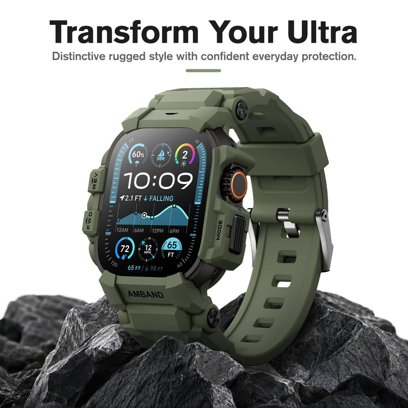 amBand Rugged Case with Band Compatible with Apple Watch Ultra 3/2/1 49mm for Men, Shockproof Protective Case with 9H Screen Protector, Sport Band & Bumper Cover, Army Green
