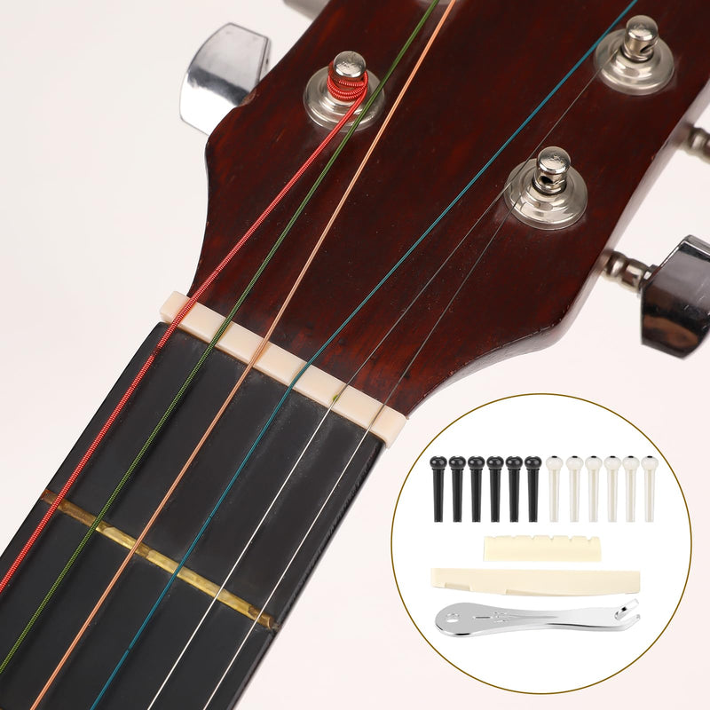 12 Pieces Guitar String Pegs Replacement Parts Acoustic Guitar Bridge Pins with 2 Pcs Guitar Bridge Saddle Nut and Bridge Pin Puller Remover Kits Tools