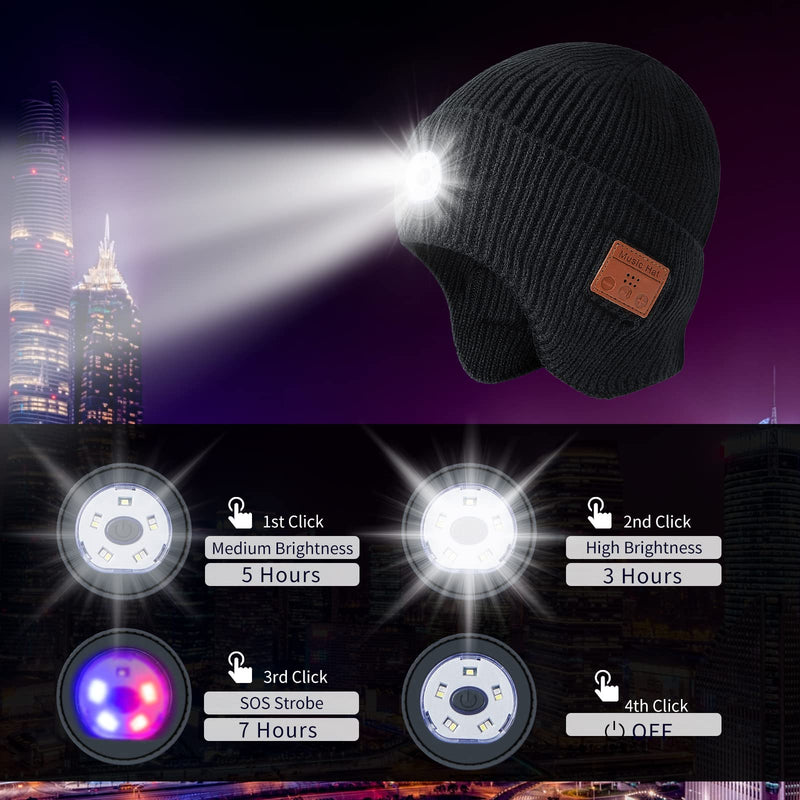 Bluetooth Beanie Hat with Light and Headphones, Built-in Microphone and Stereo Speakers Upgrade Music Knitted Hat, Unisex USB Rechargeable Headphones Music Hat (Black)