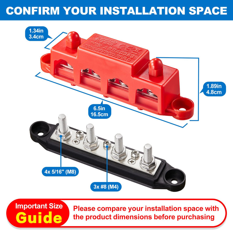[AUSTRALIA] - Spurtar 12V Bus Bar 12V Power Distribution Block with 4X 5/16'' M8 Terminal Studs, 3X #8 M4 Screws Bus Bar Terminal Block 12V 24V 48V 250A for Car Truck RV ATV Boat Trailer Red Black Pair 4x 5/16'' M8 Posts - 3#8 Screws 