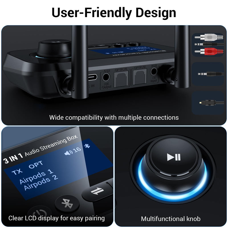 [AUSTRALIA] - Bluetooth 5.3 Transmitter for TV Audio w. Screen Display Dual Antenna Low Latency Bluetooth Adapter Support Up to 2 BT Headphones Long Range Bluetooth Extender 3.5mm AUX/RCA/Opt Input/Output Black 
