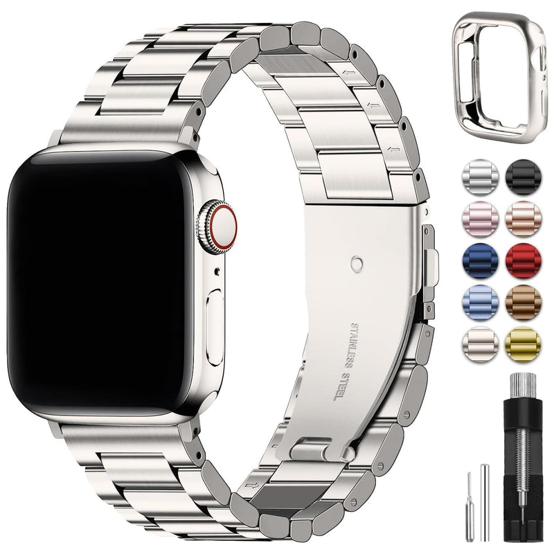 Fullmosa Compatible Metal Mesh Apple Watch Band 44mm/45mm/42mm Gold with Case & Compatible Stainless Steel Apple Watch Band with case 44mm/45mm/42mm,Starlight