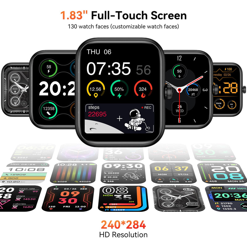 Smart Watch with Alexa Built-in, Bluetooth Calls/Notifications, 1.83" HD Health Fitness Tracker, 24/7 Heart Rate and Sleep Tracking, 120+ Sports Modes, IP68 Waterproof for iPhone and Android (Black)