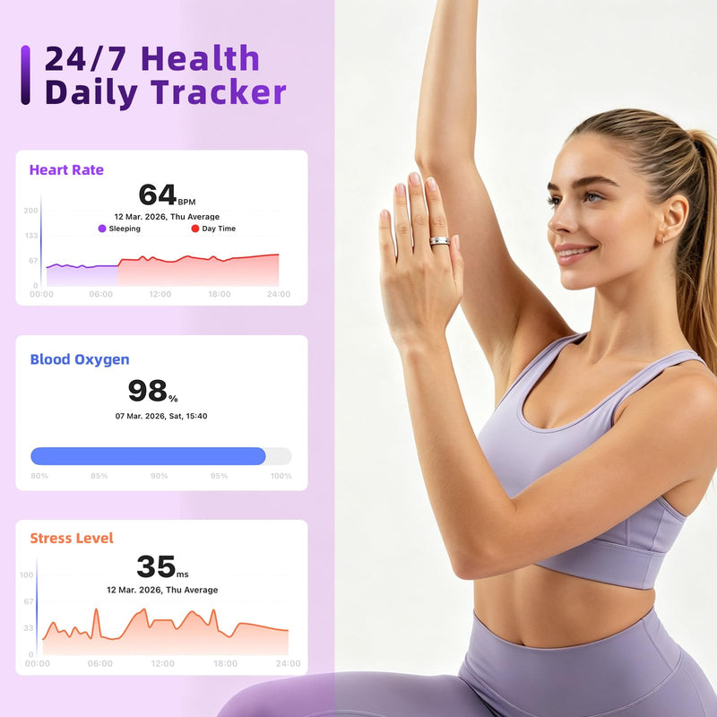 Smart Ring for Women Men, Health Fitness Tracker with Sleep, Heart Rate, HRV, Stress, IP68 Waterproof, Gesture Photo, No Subscription, iOS Android (Matte Sliver,8) Matte Sliver 8