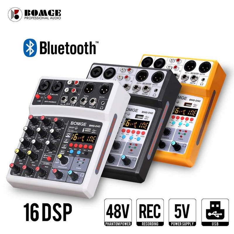 [AUSTRALIA] - BOMGE 4 Channel dj Bluetooth Audio Mini Mixer with Effects, USB Interface, Stereo Recording, 48V Phantom Power for PC,phone(White) white 