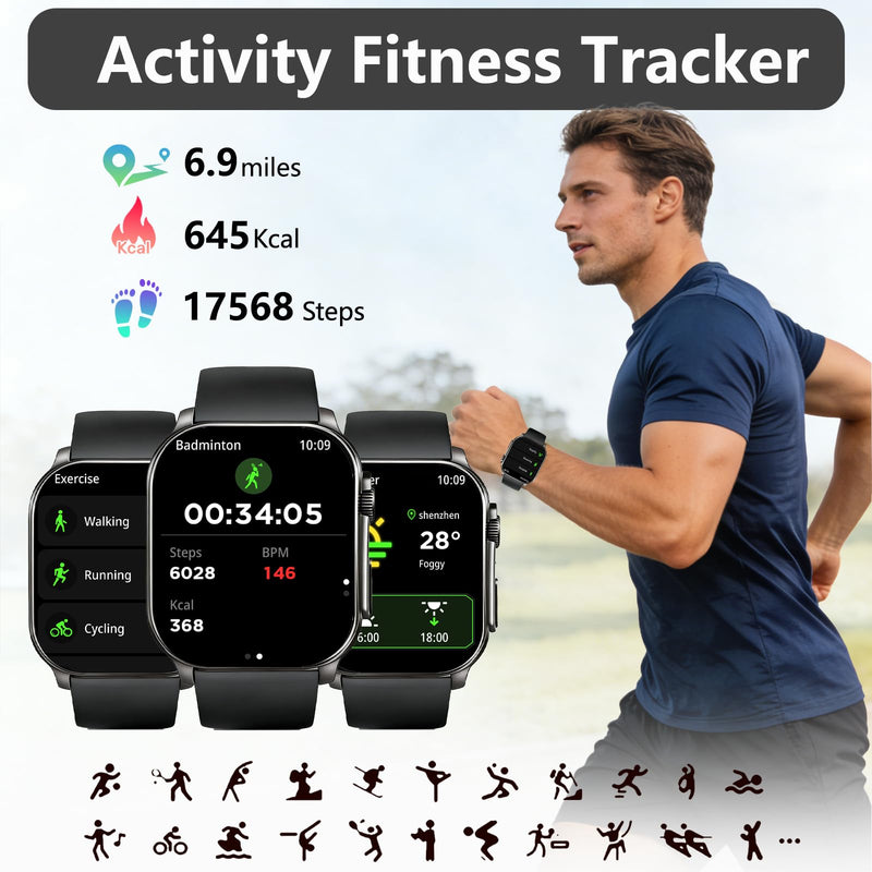 Smart Watch, 2.01" AMOLED Curved Touchscreen Fitness Watch for Men Women, IP68 Waterproof, 24/7 Heart Rate/Sleep Monitor, Fitness Tracker with Pedometer, 120+ Sports Modes, Smartwatch for Android iOS Black