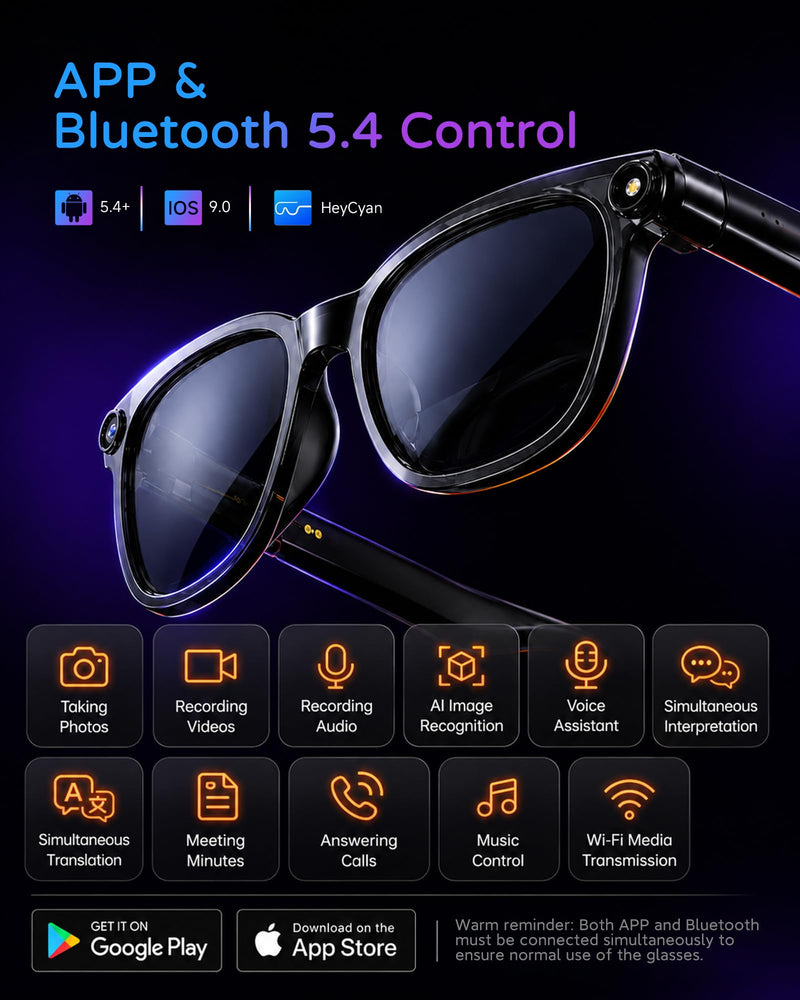 AI Smart Glasses with Camera, 8MP 4K HD Video & Photo Capture, Real-Time Translation, Recording Glasses with AI Assistant, Open-Ear Audio, Object Recognition, for Vlog, Outdoor & Hiking(Clear lens) Clear