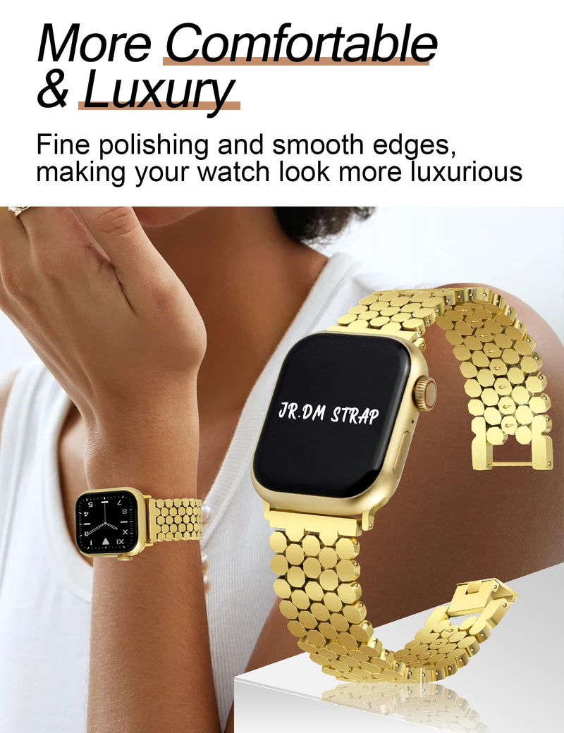 JR.DM Honeycomb and beaded Bands Compatible with Apple Watch 38mm 40mm 41mm 42mm 44mm 45mm 46mm for Women, Dressy Gold Silver Metal Strap Replacement for iWatch Series 10/9/8/7/SE/6/5/4/3/2/1