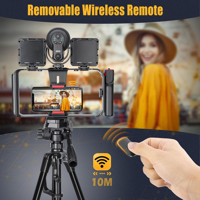 Neotter Smartphone Video Rig, Filmmaking Vlogging Cage, Phone Stabilizer Tripod Mount with Wireless Remote Shutter for All iPhone and Android Smartphones