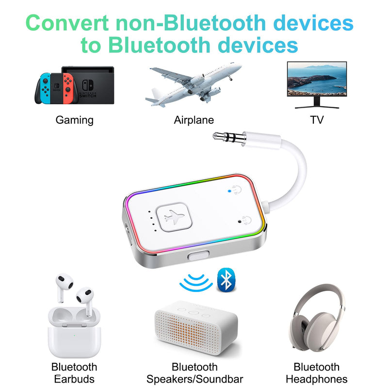 Bluetooth Transmitter for Airplane,Bluetooth V5.4 Transmitter for 2 Airpods/Headphones Dual Pairs.Wireless Transmitter for in-flight/TV/Gym,with AptX LL,Metal Frame White